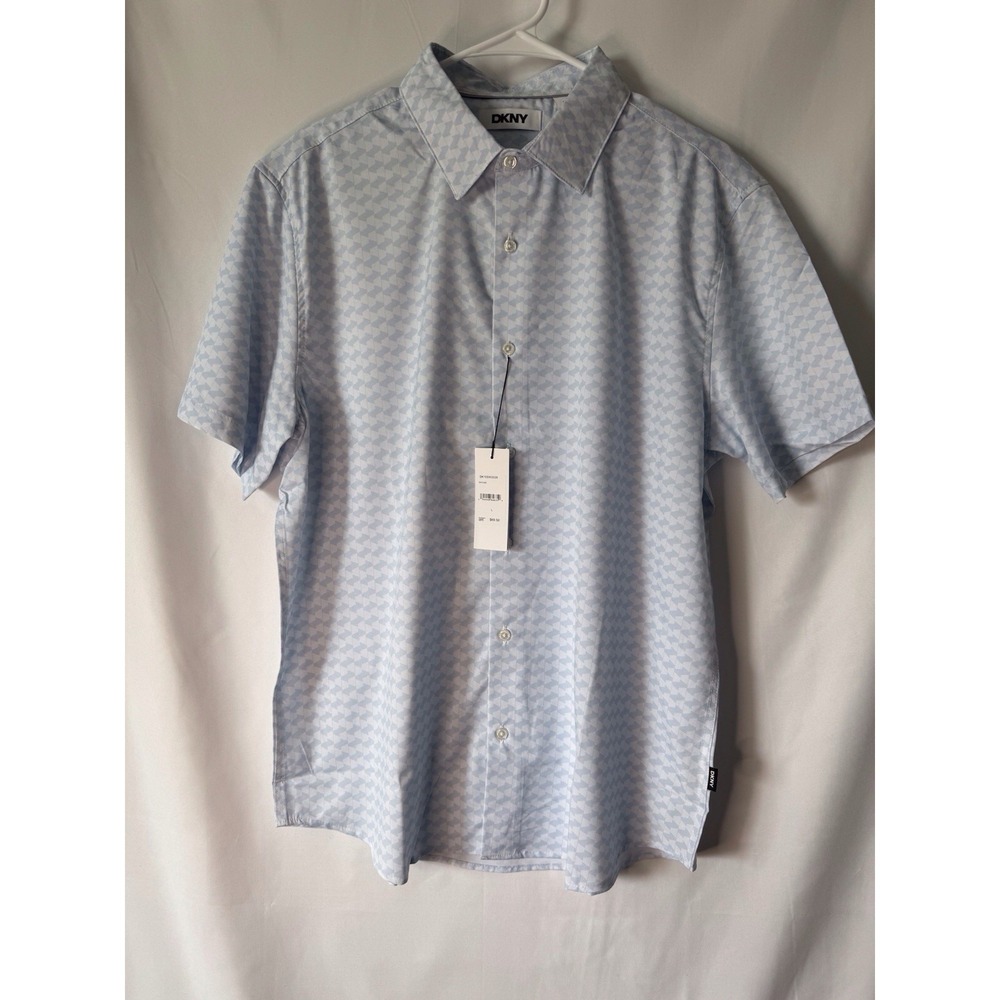 DKNY Men's Button Down Shirt Size Large NWT Blue Geometric Print Short‎ Sleeve